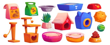 Pet shop interior isolated vector cartoon clipart. Animal toy and food indoor supermarket to buy clipart. Petshop business with domestic puppy goods and supplies. Playful scratching and doggy sleep