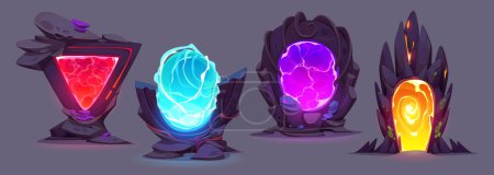 Magic gate portal door ui futuristic game cartoon set. Red and blue teleport frame to fantastic parallel world. Wizard mysterious glowing entrance to travel through purple or yellow gateway hole