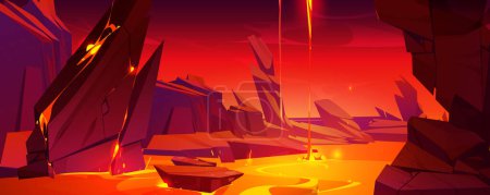 Illustration for Volcano lava hell rock cave view fantasy game cartoon background. mysterious and dangerous flowing molten hot magma level adventure design. Ground crack with liquid fire river flow terrain surface. - Royalty Free Image