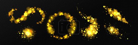 Ilustración de Luces doradas borrosas brillando sobre fondo negro. Ilustración realista vectorial de polvo resplandeciente abstracto, estrellas desenfocadas por la noche, luciérnagas mágicas en la oscuridad, efecto bokeh guirnalda de Navidad - Imagen libre de derechos