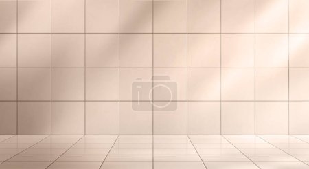 Illustration for Bathroom studio with ceramic tile wall and floor vector illustration. Square clean pattern for light toilet interior. Beige geometric abstract bath room mockup with shadow. Pastel glossy construction - Royalty Free Image