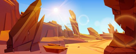 Unbewohnte Wüstenlandschaft unter gleißender Sonne am blauen Himmel. Vektor-Cartoon-Illustration von felsigen Schluchten, Klippen und Sand, Blick aus der Berghöhle, fremdes Planetengebiet mit Steinen. Hintergrund zum Spiel