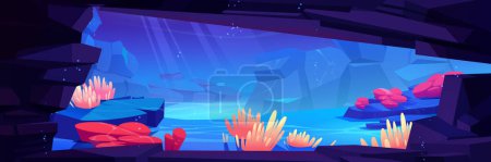 Illustration for Sea bottom view from inside underwater cave. Vector cartoon illustration of rocky landscape in deep ocean water, seaweed and coral reef, huge stones on fantasy marine background for adventure game - Royalty Free Image