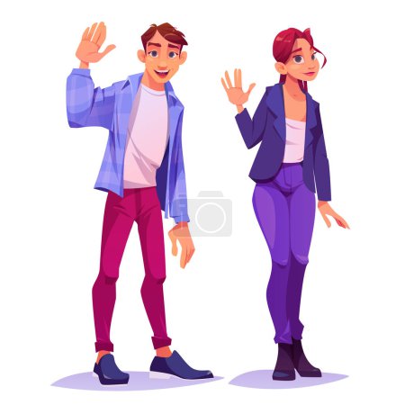 Illustration for People waving hand. Man and woman characters say Hello with greeting gesture. Happy young male and female persons raising arm, vector cartoon illustration isolated on white background - Royalty Free Image