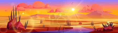 Ilustración de Río que fluye por el desierto del Sahara. Dibujos animados vectoriales ilustración del paisaje de dunas arenosas al atardecer, piedras en la orilla, plantas de cactus verdes que crecen cerca del agua, la luz del sol ardiendo en el aire, aves volando en el cielo - Imagen libre de derechos