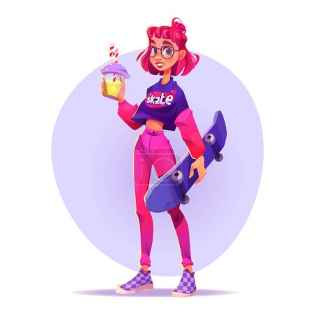 Illustration for Hipster girl stand character with smoothy and skate cartoon vector set. Full view smile young woman with pink hairstyle and teenage outfit with glasses standing isolated on white illustration. - Royalty Free Image