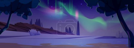 Aurora Borealis in night polar sky, many stars above snowy territory. Vector cartoon illustration of northern lights shimmering above winter landscape with trees and stones. Adventure game background