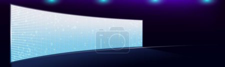 Illustration for Concave side led screen wall stage light panel background. Video tv lcd monitor display for stadium or concert with grid glittering bulb glow texture effect. Projection technology cinema illustration - Royalty Free Image