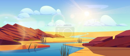Ilustración de Río que fluye por el desierto del Sahara. Dibujos animados vectoriales ilustración del paisaje de dunas arenosas calientes, piedras en la orilla, plantas verdes que crecen cerca del agua, la luz del sol que brilla en el aire, cielo azul con nubes blancas - Imagen libre de derechos
