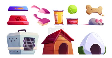 Pet shop interior isolated vector cartoon clipart. Animal toy and food indoor supermarket to buy clipart. Petshop business with domestic puppy goods and supplies. Doggy sleep and bone, cat carrier
