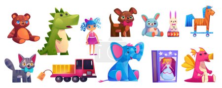 Cartoon set of toy shop goods isolated on white background. Vector illustration of doll, teddy bear, stuffed cat, dog, bunny, elephant, dinosaur, wood horse, truck. Collection of gifts for children