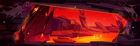 Illustration for Volcano lava hell rock cave view fantasy game cartoon background. mysterious and dangerous flowing molten hot magma level adventure design. Ground crack with liquid fire river flow terrain surface. - Royalty Free Image