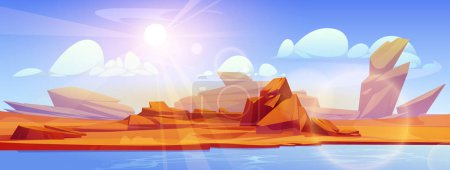 Ilustración de Río que fluye por el desierto del Sahara. Ilustración de dibujos animados vectoriales del paisaje de dunas arenosas calientes, roca en la orilla vacía, montaña cerca del agua que fluye, luz del sol que brilla en el aire, cielo azul con nubes blancas - Imagen libre de derechos