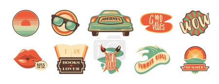 Illustration for Retro travel sticker badge design for camp vector illustration. Vintage hippie car journey vacation adventure. Groovy comic quote about book lover, summer good vibes with glasses and kiss for print - Royalty Free Image