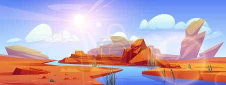 Ilustración de Río que fluye por el desierto del Sahara. Dibujos animados vectoriales ilustración del paisaje de dunas arenosas calientes, piedras en la orilla, plantas verdes que crecen cerca del agua, la luz del sol que brilla en el aire, cielo azul con nubes blancas - Imagen libre de derechos