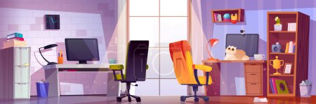 Hybrid office interior design for flexible remote work vector illustration. Workplace furniture for employee at home online and company location for schedule. Webcam solution for business conference