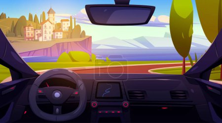 Vista del conductor de coche de la ciudad costera y las montañas. Ilustración de dibujos animados vectoriales de panel automático con pantalla de navegación GPS, volante, hermoso paisaje marino italiano visto a través del parabrisas, viajes de verano