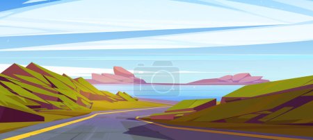 Cartoon road to ocean coastal vector illustration. Sky and asphalt highway to sea trop on sunny vacation scene. Empty seascape with boulder and rock nature environment. Serpentine roadway background