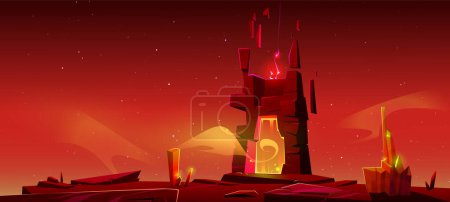 Illustration for Fantasy magic game portal cartoon red landscape. Futuristic and fantastic door on cliff to inferno planet vector scene illustration. Infernal cosmic ground and star in sky. Aura effect in hell gate. - Royalty Free Image