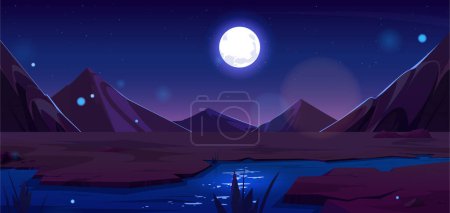 Illustration for River flowing in night Sahara desert. Vector cartoon mountain illustration of hot sandy dunes landscape under full moon light, plants growing near water bank, glowworms flaring in air, starry sky - Royalty Free Image
