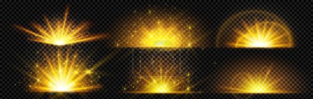 Illustration for Gold explode glow shine and sun light ray burst vector effect set isolated on transparent background. Magic yellow flare sparkle energy explosion and golden glitter. Sunlight beam and starlight powder - Royalty Free Image