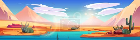 Ilustración de Río que fluye por el desierto del Sahara. Dibujos animados vectoriales ilustración del paisaje de dunas arenosas calientes en el día soleado, piedras en la orilla, plantas de cactus verdes que crecen cerca del agua, la luz del sol que brilla en el aire, nube en el cielo - Imagen libre de derechos