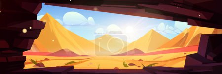 Sandy desert with ancient pyramids, view from dark stone cave. Vector cartoon illustration of antique pharaoh tombs, sand dune landscape under hot summer sun in blue sky. Adventure game background