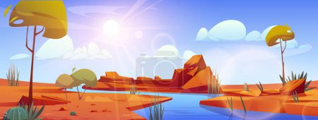 Ilustración de Río que fluye por el desierto del Sahara. Dibujos animados vectoriales ilustración del paisaje de dunas de arena, piedras en la orilla, plantas de cactus verdes que crecen cerca del agua, la luz del sol que brilla en el aire, cielo azul con nubes blancas - Imagen libre de derechos