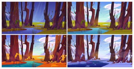 Ilustración de Conjunto de cuatro estaciones de río de montaña que fluye en el bosque. Ilustración de dibujos animados vectoriales de primavera lluviosa, verano verde, otoño amarillo, invierno nevado árboles de ingenio paisaje, nubes en el cielo azul, hermosa naturaleza - Imagen libre de derechos