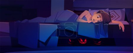 Illustration for Woman scared nightmare red eyes monster under bed. Bad scary dream with ghost is mental phobia and terrifying panic. Lonely frightened person character lying and covered at dark night in depression - Royalty Free Image