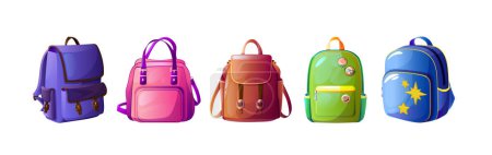 Cartoon set of backpacks isolated on white background. Vector illustration of textile and leather school bag with badges, travel rucksack, luggage handbag with handle. Tourism adventure accessories