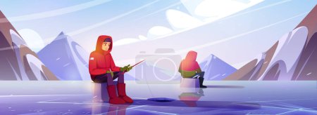 Illustration for Ice winter man together fishing in hole vector illustration with mountains and lake view. Waiting to catch fish underwater river with rod entertainment on north pole landscape game banner concept. - Royalty Free Image