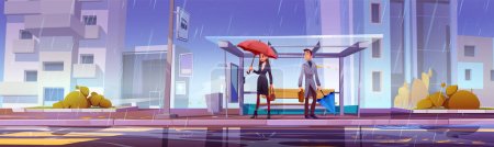 Illustration for City bus stop at bad rainy weather with people vector background. Sad man and happy woman character with umbrella in shelter bear street road. Rainfall and water puddle on sidewalk urban landscape - Royalty Free Image