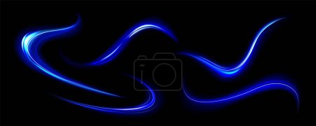 Illustration for Blue light lines, effect of speed motion trails. Abstract streaks of fast flash movement, blurred neon glow at night, vector realistic set isolated on transparent background - Royalty Free Image