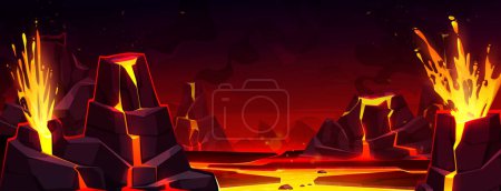 Ilustración de Volcán lava estalló dibujos animados infierno vector de fondo. Fantasía caliente erupción de magma volcánico y explotando con humo fondo de pantalla infernal. Escena de apocalipsis oscuro con fuego fundido y chorro de salpicadura ardiente - Imagen libre de derechos