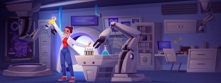 Woman near laboratory robot do medical research. Happy scientist in lab for experiment discovery in engineering room with computer, screen and pharmaceutical capsule. Future innovation factory