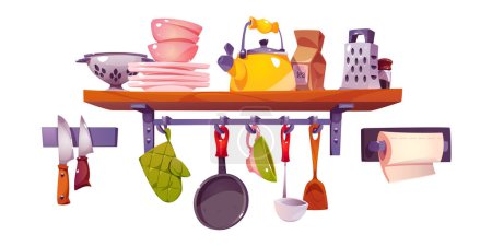 Illustration for Kitchen shelf with utensil and dish vector set. Kitchenware tool object on hanging shelves interior furniture. Plate, kettle, pan, cutlery and towel accessory at home. Restaurant equipment and - Royalty Free Image