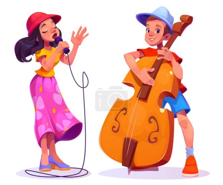 Photo for Street musician band with singer vector illustration. Music player people character with contrabass and microphone cartoon isolated set. Artist play for party and hobby - Royalty Free Image