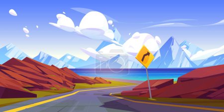 Carretera serpentina a lago de montaña, señal de tráfico de advertencia de giro brusco. Dibujos animados vectoriales ilustración de piedras rocosas en ambos lados de la carretera con curvas que van a la orilla del mar nórdico, paisaje de montaña en el horizonte