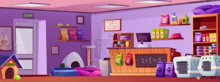 Illustration for Animal pet toy store interior cartoon background. Supermarket indoor with cat or dog care accessory to buy. Domestic canine cage, feed bag, bowl and sleep pillow element in market illustration - Royalty Free Image