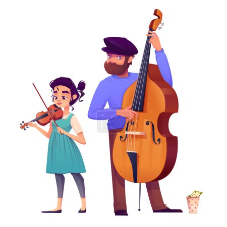 Illustration for Street musician band people vector illustration. Happy man playing contrabass with violin girl earn money on concert or festival. Player group live performance isolated character design clipart - Royalty Free Image