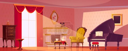 Illustration for Old victorian living room interior with antique fireplace, vintage furniture and piano. Empty classic lounge room with tea on table, chair and curtains on window, vector cartoon illustration - Royalty Free Image