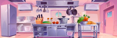 Ilustración de Restaurante cocina interior para chef cocinar ilustración vector de dibujos animados. Muebles modernos de la industria hotelera comercial para la preparación y el servicio de alimentos. Modernos equipos de catering limpio en la cafetería - Imagen libre de derechos