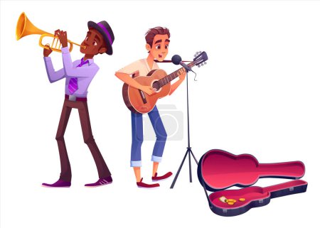 Illustration for Happy street musician people character with guitar and saxophone isolated illustration. Music instrument and black man performer in orchestra band. Guitarist person playing live concert for money - Royalty Free Image