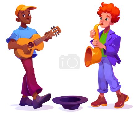 Ilustración de Músicos callejeros tocando la guitarra y el saxofón aislados sobre fondo blanco. Ilustración de dibujos animados vectoriales de dos jóvenes talentosos que interpretan canciones para recaudar dinero en sombrero, disfrutando de pasatiempos creativos - Imagen libre de derechos