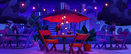 Illustration for Night romantic outdoor street city cafe vector scene. Wooden table, chair and umbrella in outside urban lounge restaurant with bulb garland and downtown skyscraper landscape for dining in evening. - Royalty Free Image