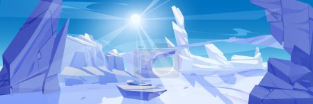 Ice winter landscape with snow vector background. frozen mountain and snowy scenery frost scene for ski ad. North pole or iceland wild desert with rocky antarctic bridge cartoon day illustration.