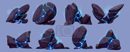 Illustration for Blue cartoon rock boulder with smoke from glow crack set. Vector neon spark and mist texture in big granite broken stone element. Rough, heavy and cracked mysterious substance geology object design. - Royalty Free Image