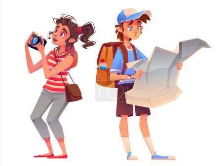 Illustration for Tourist tourist character with backpack, map and camera isolated tourism illustration. Happy woman photographer sightseeing on holiday vacation. Young man in hat with luggage hitchhiking or trekking - Royalty Free Image
