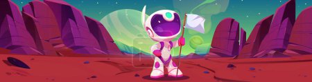 Space mars planet with cosmonaut and white flag landscape background. Alien in astronaut suit in extraterrestrial martian canyon desert 2d videogame mission illustration. Cosmoc green sky backdrop